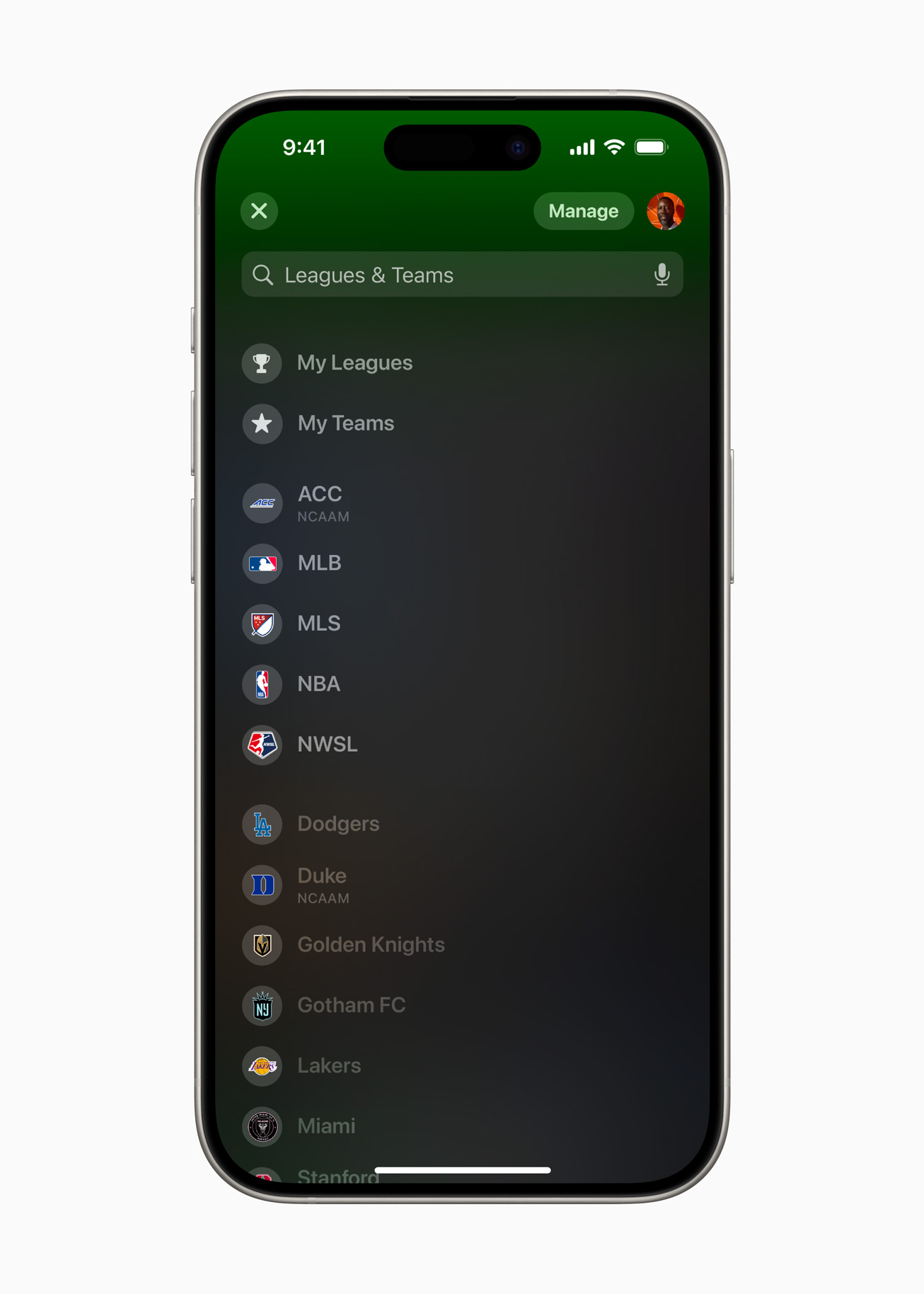 Manage Teams & Leagues Page